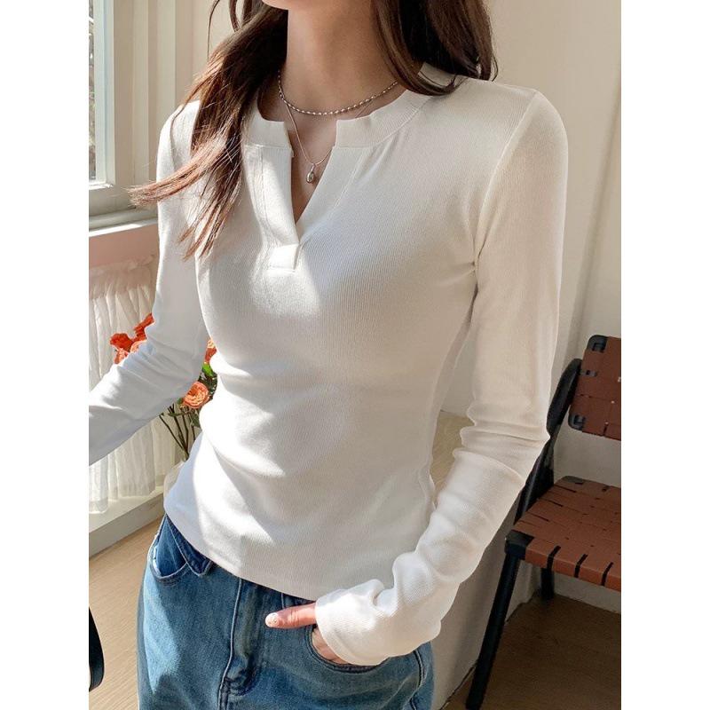 

Women s Slim Fit 95% Cotton V-neck Long Sleeve Base Layer Top for Spring and Autumn XL (115-125 kg) білий