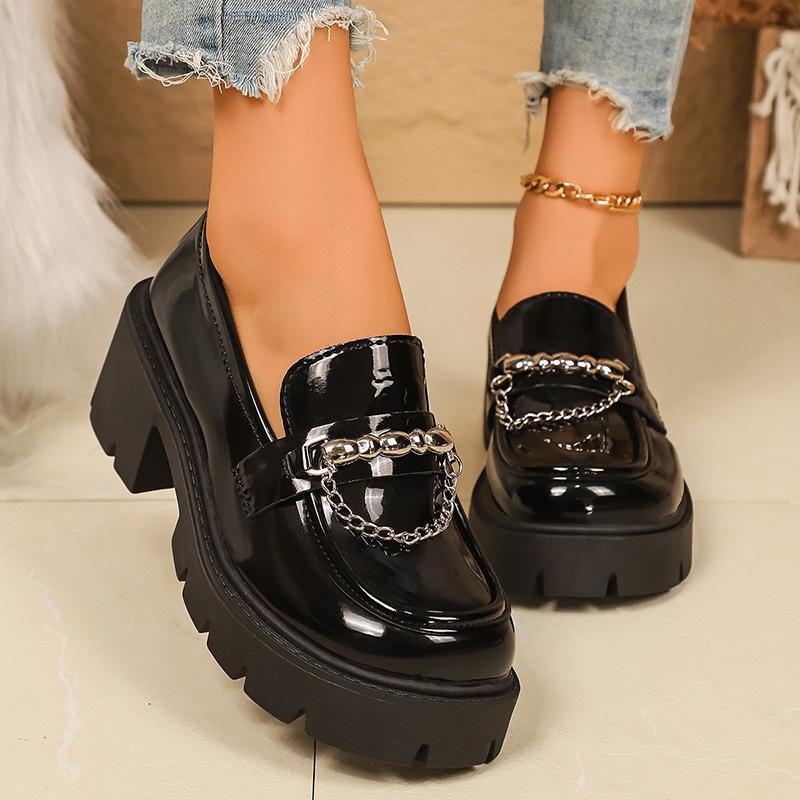 Fashion Women's Chain Decor Platform Loafers Fashion Preppy Style Patent Leather Dress Shoes Woman Comfortable Slip On Chunky Heel Pumps