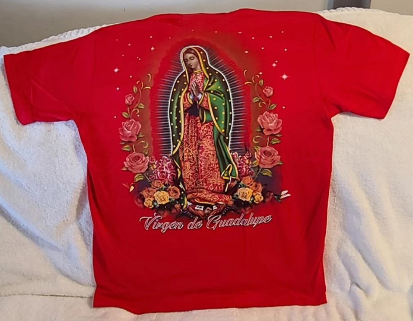 VIRGEN DE GUADALUPE VIRGIN MARY ROSE FLOWER STARS PRAY RED T-shirt S