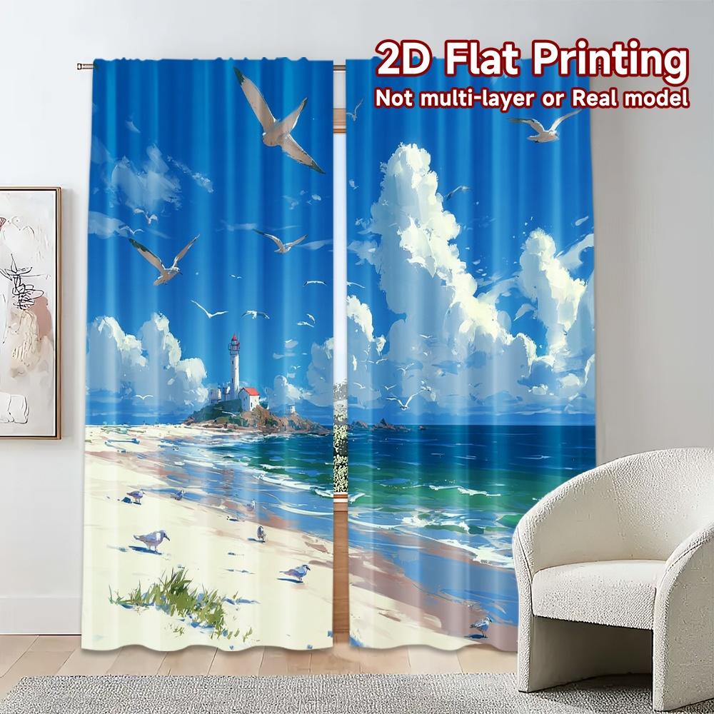 2pcs, 2D FLAT PRINTING Curtains (Without Rod) Ocean Lighthouse Popular Curtain Fabric Yarn Curtains Outdoor Decorations Suitable
