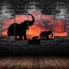 Elephant Silhouette Beautiful Sunset Scenery 5 Piece Canvas Wall Art Multi Panel Print Modern Poster Home Decor Picture Gift For Him For Her