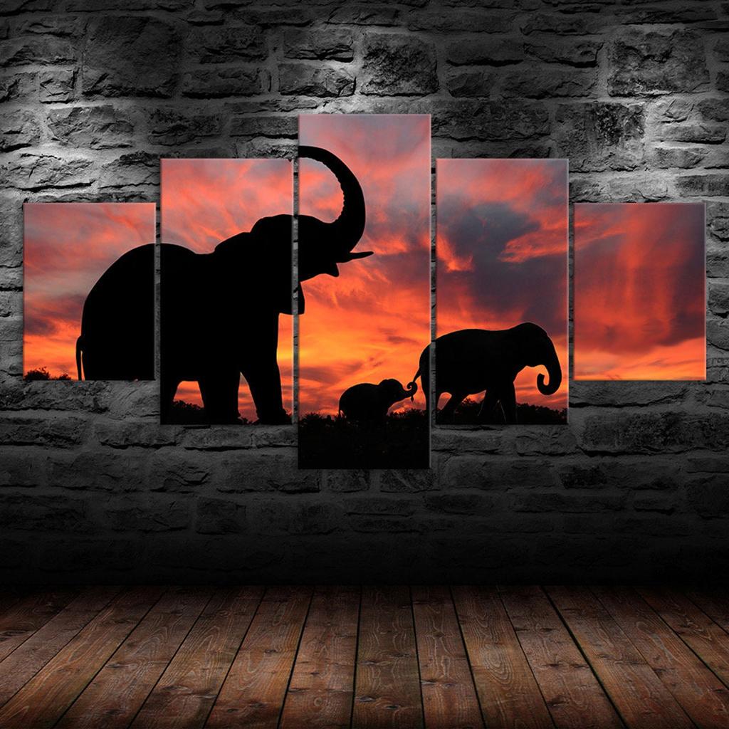 Elephant Silhouette Beautiful Sunset Scenery 5 Piece Canvas Wall Art Multi Panel Print Modern Poster Home Decor Picture Gift For Him For Her