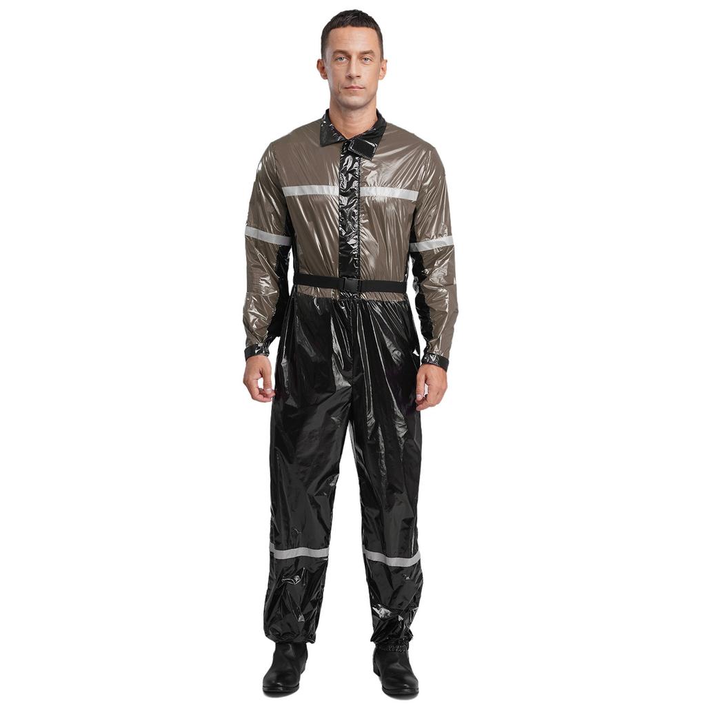 Men Stand Collar Long Sleeve Zipper Belted Jumpsuit Work Coveralls