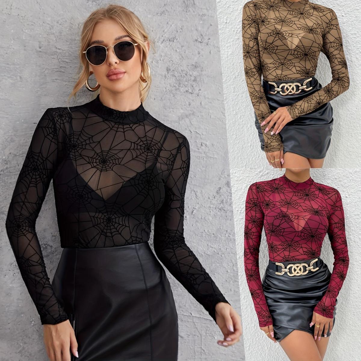 

Autumn Sexy Mesh Bottoming Shirt Thin Section See-through Thin Tops Women Versatile Closet Essential Fashion Items Shirt XXL чорний