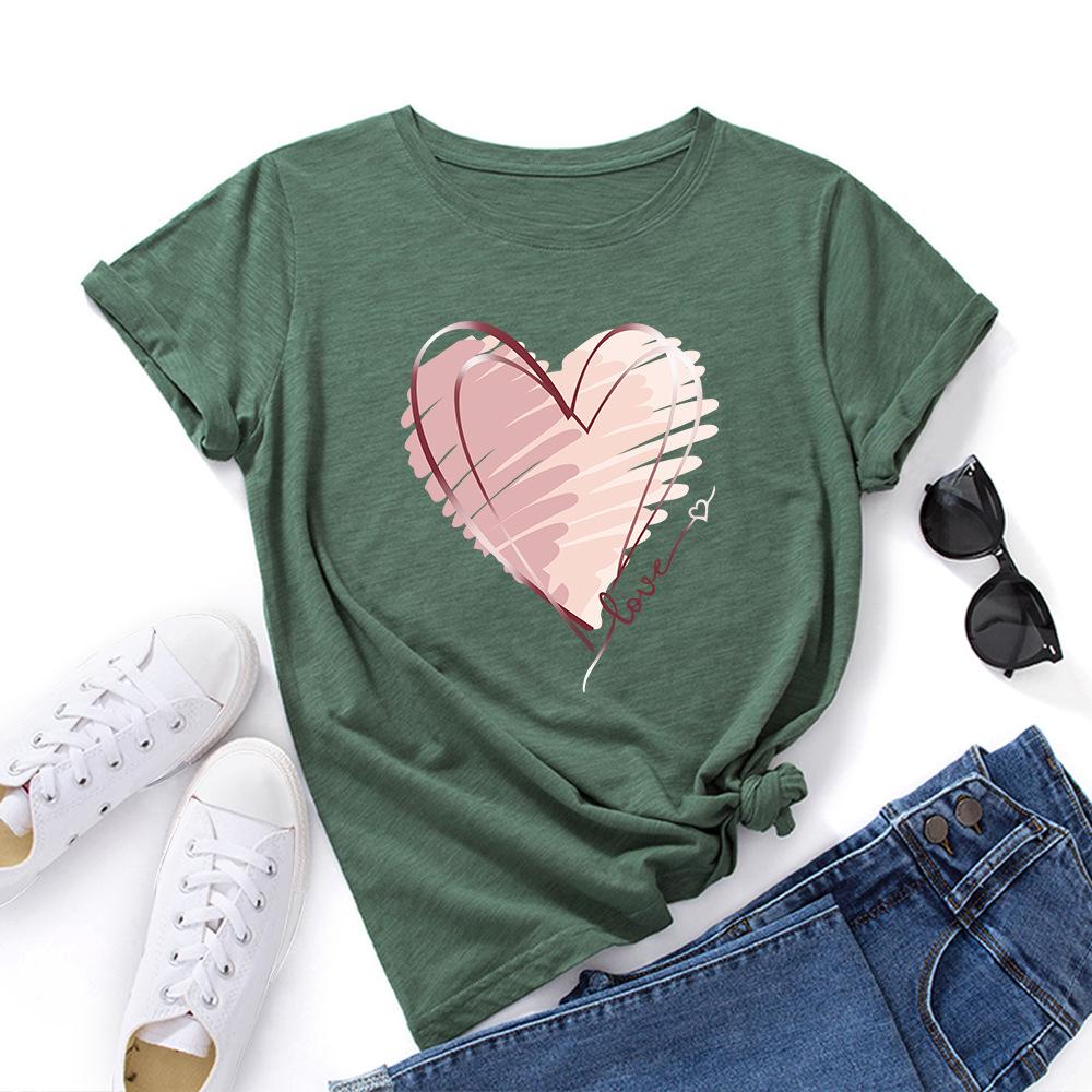 Módní bavlněné tričko s potiskem srdce, krátký rukáv, kulatý výstřih, dámské topy s 2D potiskem