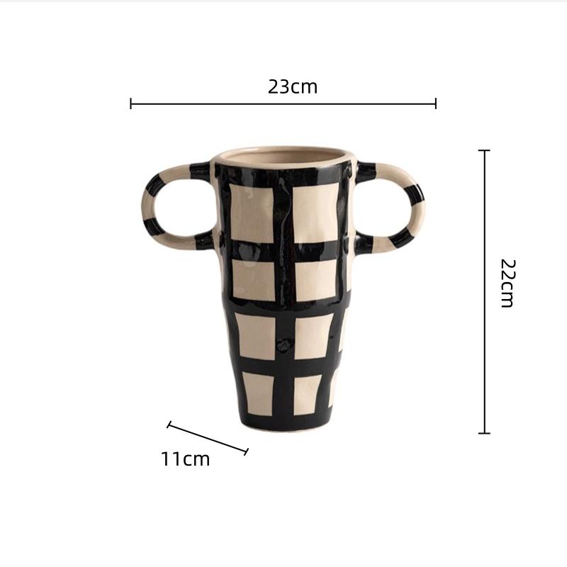 Ceramic Vase Geometric Check Pattern Flowerpot with Handle Flower Arrangement Accessories Terrarium Home Decoration