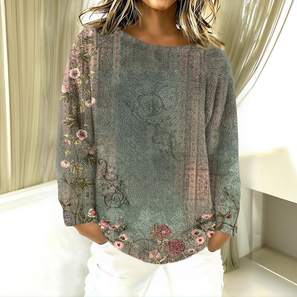 Women's T Shirt Flannel Print Tunic Long Sleeve Party  Round Neck  Tops