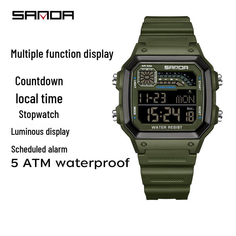 Sanda Men s Trendy Waterproof Square Watch with Snooze & Dual Time Zones
