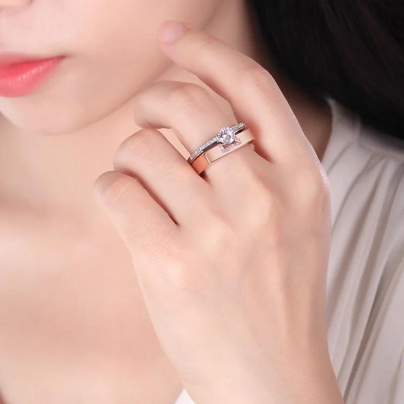 2pcs/set Rose Gold Double Square Rings Set Engagement Woman Cubic Zirconia  Silver Ring for Women Lover Wedding