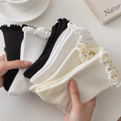 Ruffle Socks for Women Mid Crew Middles Tube Ankle High Breathable Black White Female Spring Autumn Sock