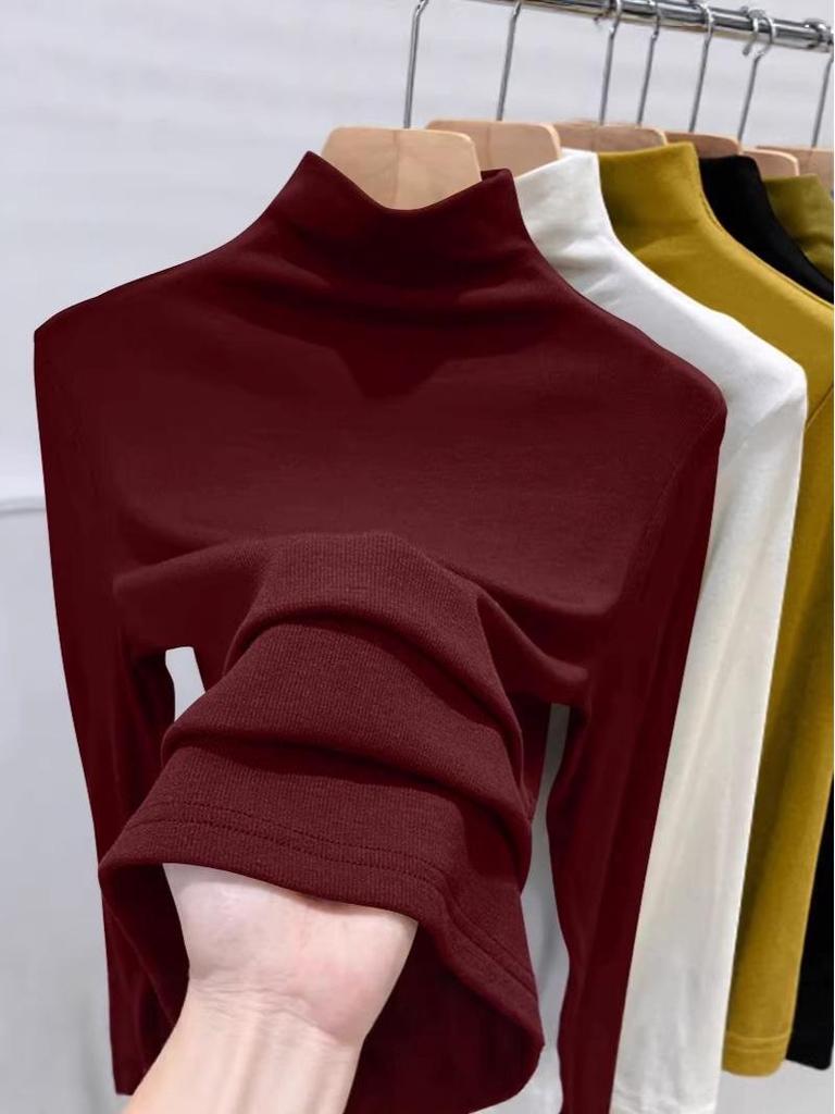 Versatile Women's Base Layer Shirt: Semi-High Neck, Ribbed, Brushed, Warm, Long-Sleeve T-shirt for Spring/Autumn.