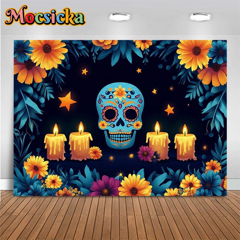 Mocsicka Day Of The Dead Background Photography Art Flower Skull Candle Death Festival Decoration Halloween Party Photo Backdrop