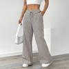 Yousheng Women Long Pants Elastic Waist Striped Design Straight Wide Leg Trousers with Pockets Relaxed Fit Leisure Pants