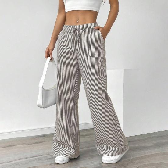 Yousheng Women Long Pants Elastic Waist Striped Design Straight Wide Leg Trousers with Pockets Relaxed Fit Leisure Pants