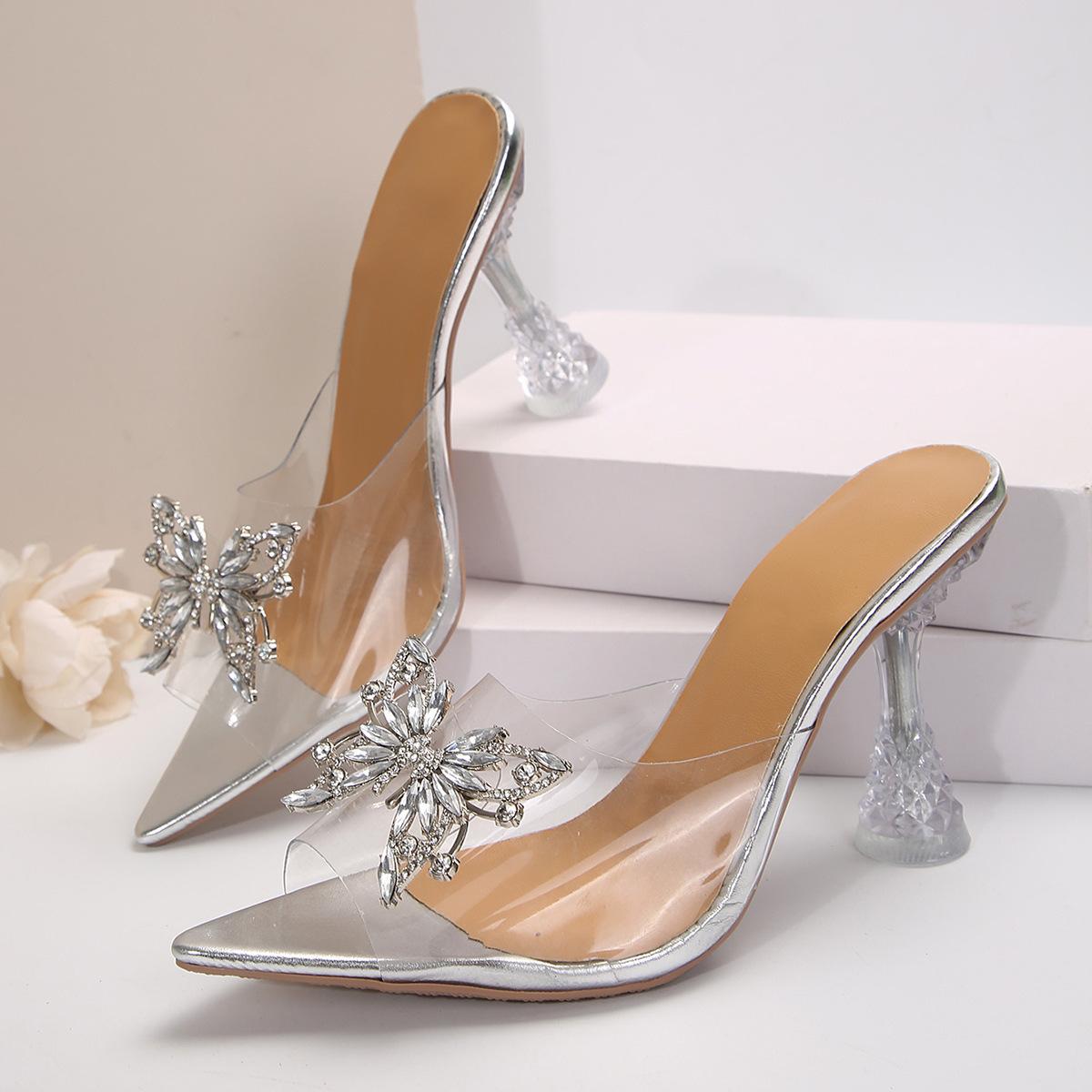 

Fashion Summer PVC Transparent High-heeled Slippers for Women Elegant Pointed Toe Sexy Rhinestone Bow Fish Mouth Slides Sandals Female 35