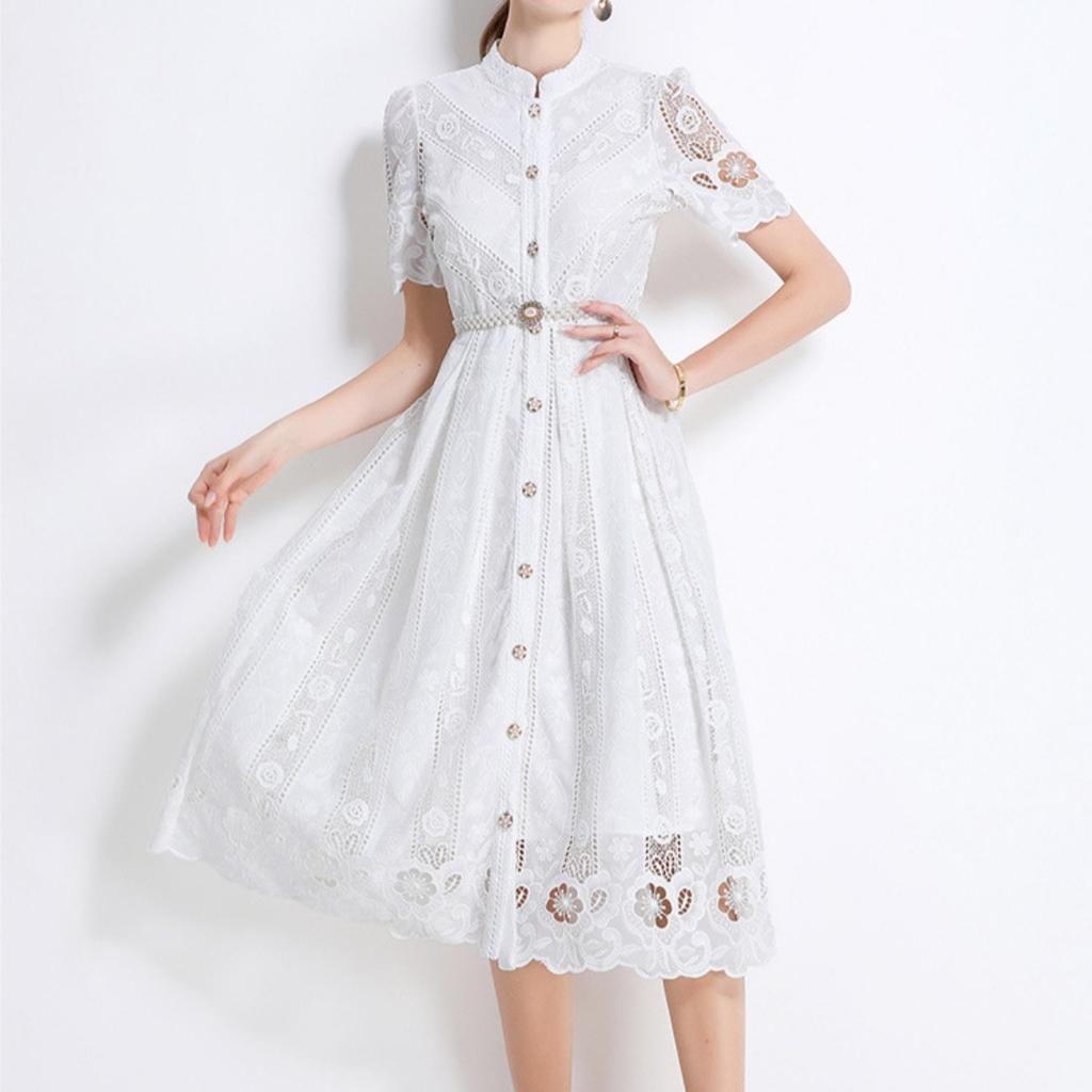 Women's Stand Collar Short Sleeve Hollow Out Lace A-Line Mid Waist Elegant Commuter Midi Dress
