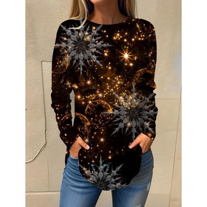 Camiseta de manga larga con cuello redondo y estampado 3D de copos de nieve con temática navideña, ropa de moda para mujer, ropa informal Y2K, ropa Harajuku para mujer