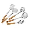 Stainless Steel Cookware Set: Anti-Scald Handle Wok Spatula, Soup Ladle, Slotted Spoon, Imitation Wood Grain, Thickened Stir-fry and Frying Tools.