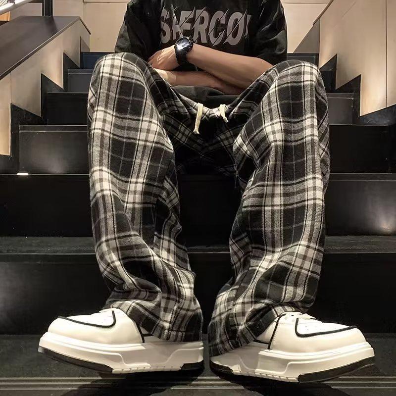 Men's Japanese Plaid Wide-Leg Casual Pants - Summer Retro Loose Fit