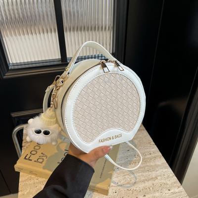 Retro Splicing Fashionable Texture Handbag 2025 Spring and Summer New Versatile Ins Shoulder Messenger Bag Small Round Bag Women