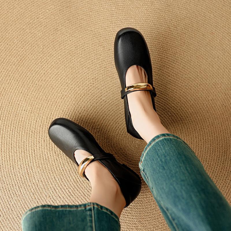 Fashion Women's new leather sheepskin round head metal accessory belt buckle soft and comfortable low heel retro Mary Jane single shoe
