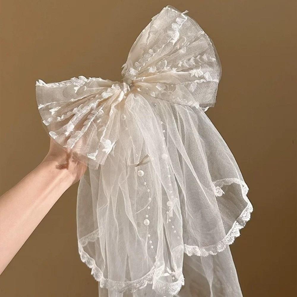 Beads Veil Hair Clip Bow White Bridal Tulle Creative Girls Head Gauze  Hair Accessories