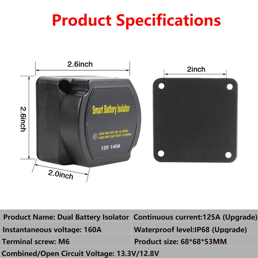 Dual Battery Smart Isolator 12V 140A Voltage Intelligent Separator VSR Relay Waterproof Control Switch for Car Boat Yacht Truck