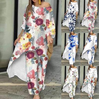 Women's Fashion Floral Print Spring Autumn Casual Loose Large Size Irregular Printed Nine Straight Sleeve Pants Two Pieces