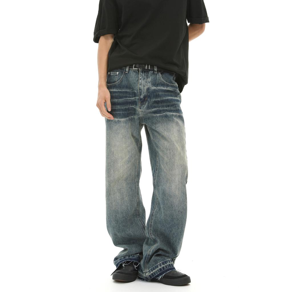 American old retro Cleanfit washed ruffian handsome slightly pull loose jeans tide