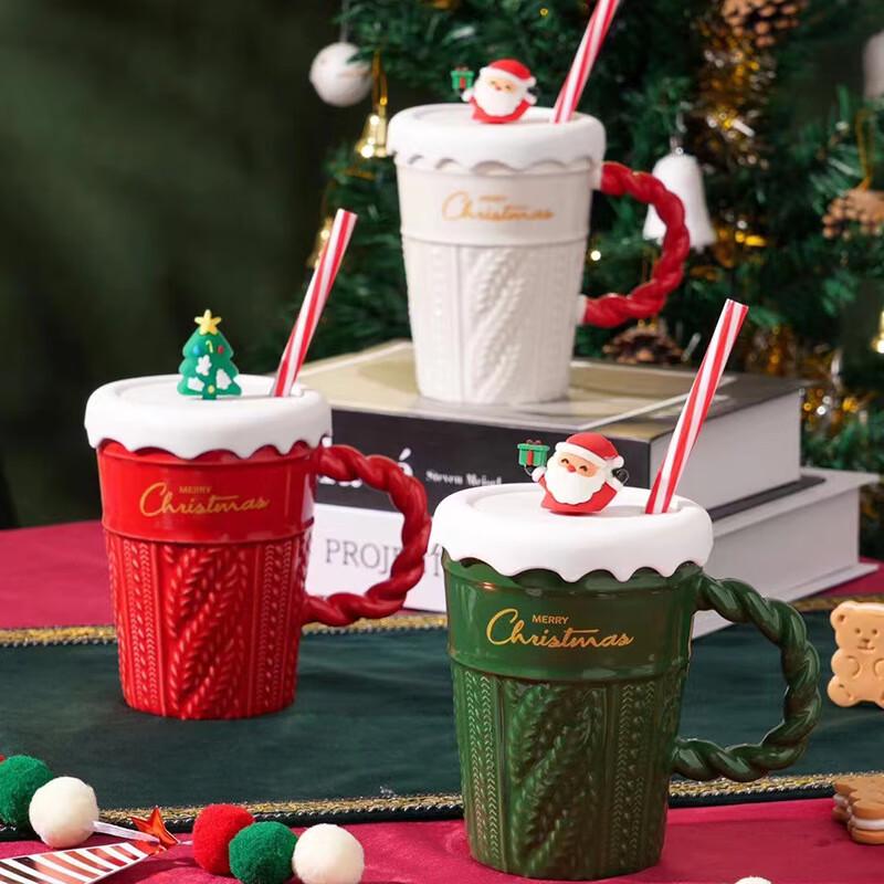Baizien Creative Christmas Ceramic Mug with Lid and Straw