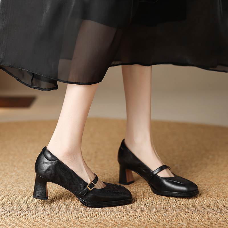 Krazing Pot Sheepskin Square Toe Size 40 High Heels Metal Buckle Decoration Fashion Gladiator Autumn Pumps