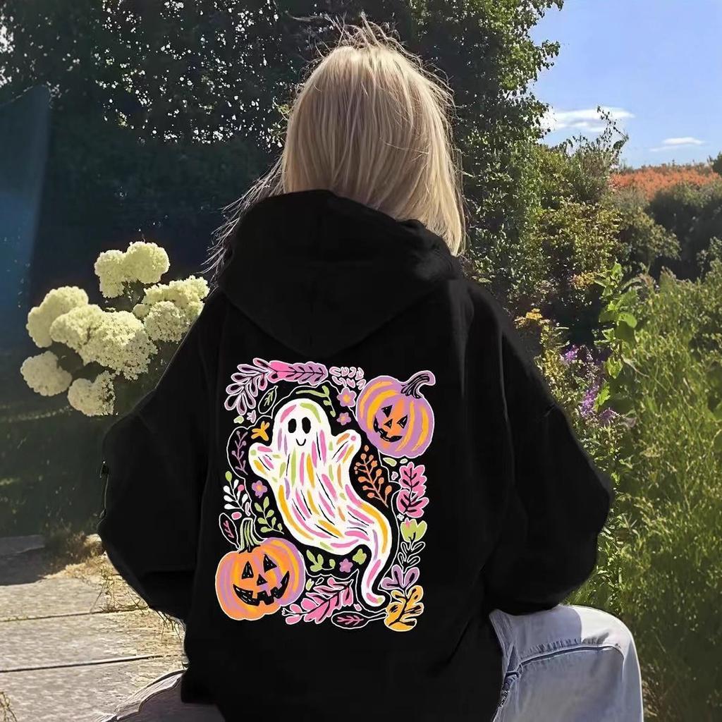 Ladies Spring Autumn Casual Hooded Long Sleeve Big Pocket Halloween Ghost Pumpkin Printed Pullover Hoodies Sweatshirt Top