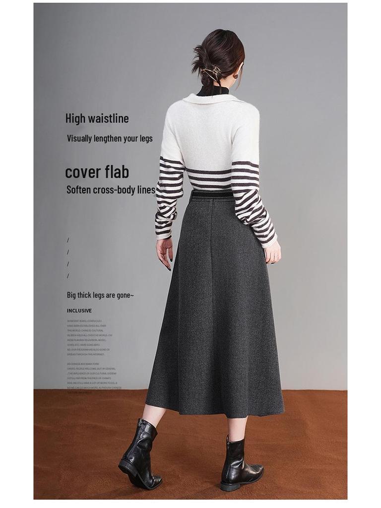 2025 Winter High-Waisted Wool A-line Skirt - Drapey, Slimming, Mid-length, Pleated, Wide-hem Design.