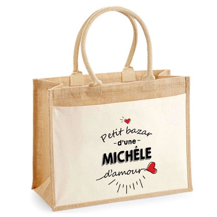 Sac de plage - PLANETEE - Jute avec poche « Bazar d'une Michèle d'amour » - Coton imprimé France - Beige multicolore - 43x33 cm
