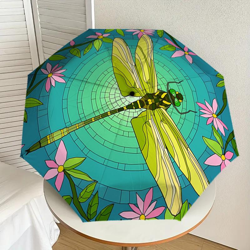 Automatischer faltbarer Regenschirm mit 8-Speichen-Eisenrahmen und Design einer gefleckten Libelle, perfekt für den Außenbereich, festliche Geschenke, Reisen, täglichen Gebrauch.