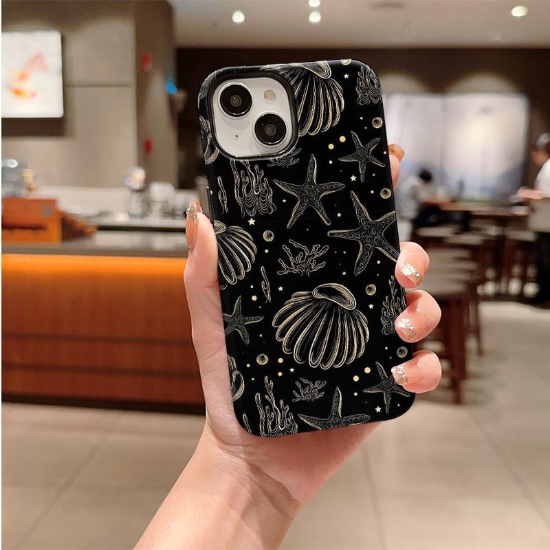 Elegant Ocean Black Gold Starfish Seashell Coral Graphic Art Film Aesthetic Protective Shockproof Bumper Phone Cover For iPhone 14 15 16 Pro Max Plus