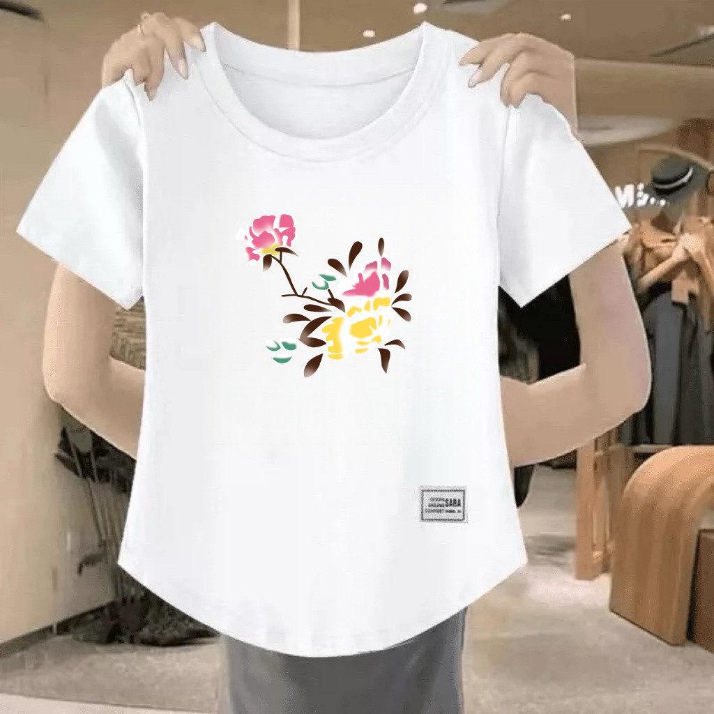 Women's Casual Short-Sleeve T-Shirt: Summer, Loose Fit, Round Neck, Letter Print, Slimming Design.