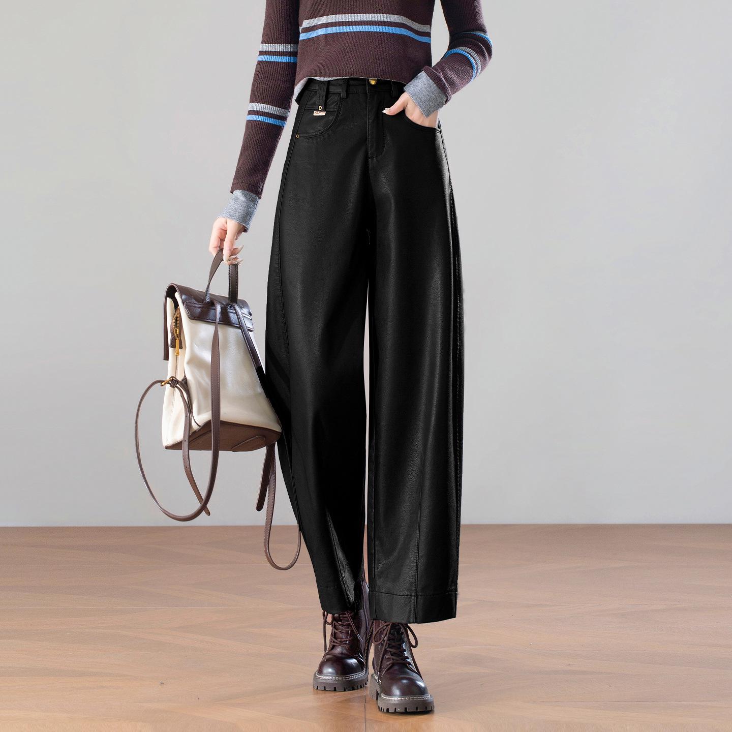 

High-Waisted PU Leather Wide-Leg Fleece Pants for Women - Autumn/Winter 2025 Petite Curved-Leg Casual. 29