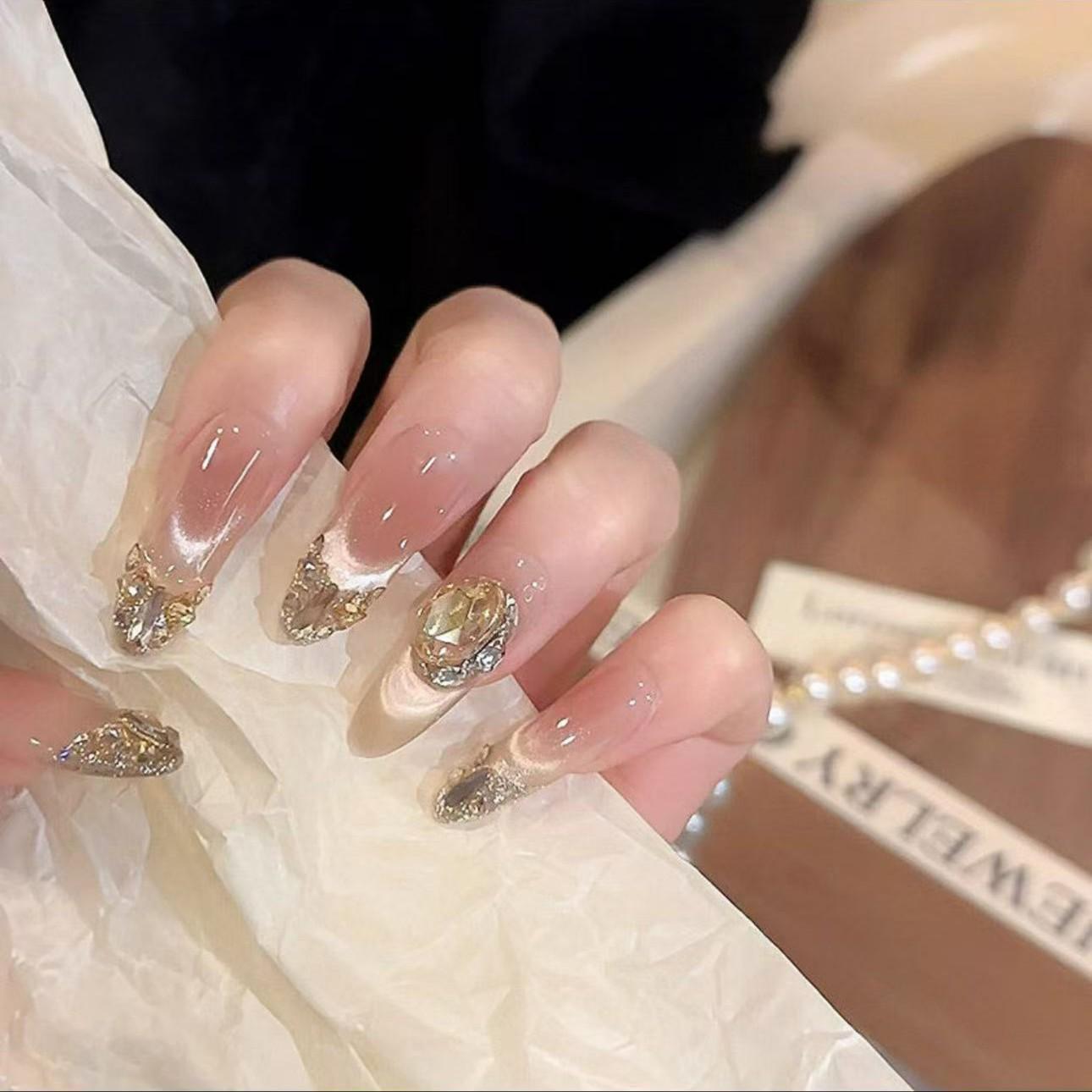 Luxurious Nude Gold Apricot Cat Eye Rhinestone Stickers - Versatile & Removable
