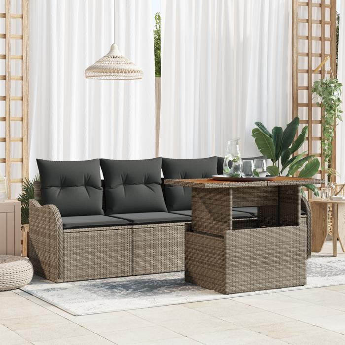 VidaXL Ensemble de Canapés de Jardin de 5 Pièces avec Coussins Gris Rattan Poly Acacia 3349390