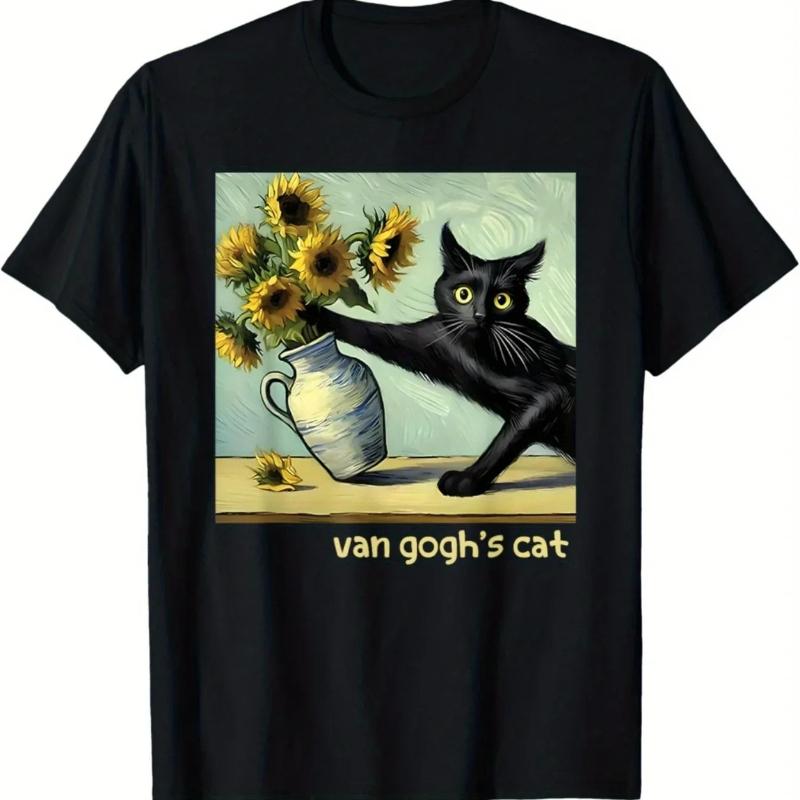 Camiseta Artística Con Pintura De Gato Negro Y Girasol De Van Gogh Estilo Callejero De Algodón Tendencia De Verano Cómoda Moda