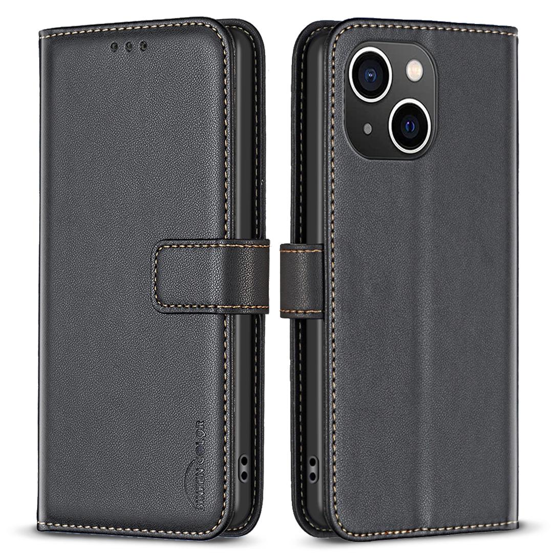 

BINFEN COLOR BF17 For iPhone 15 Plus TPU+PU Leather Phone Cover Stand Design Wallet Case Black