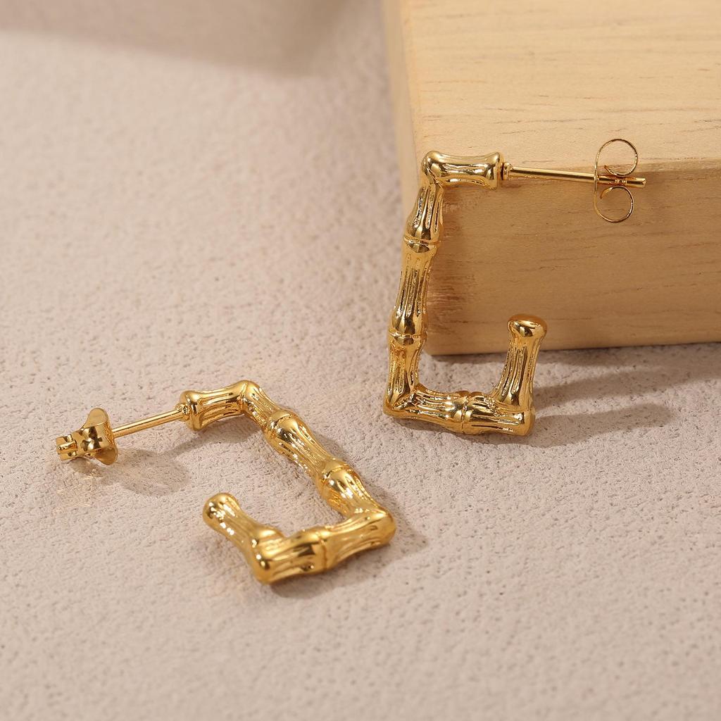 304 Stainless Steel Square Bamboo Joint Hoop Earrings for Women