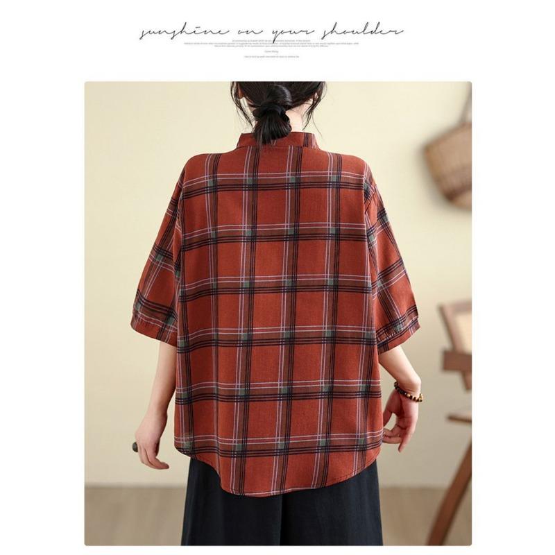 Cotton and Linen Plaid Shirt Summer New Retro Loose and Versatile V-neck Stand-up Collar Short-sleeved Shirt