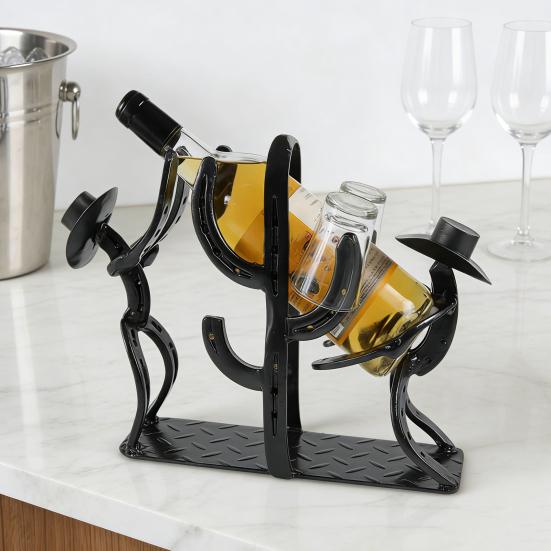 Suport pentru sticle de vin Cactus Cowboy Western Suport metalic de masă pentru vin cu suport pentru pahar Accesoriu decorativ rustic pentru bar de casă Restaurant Cafenea