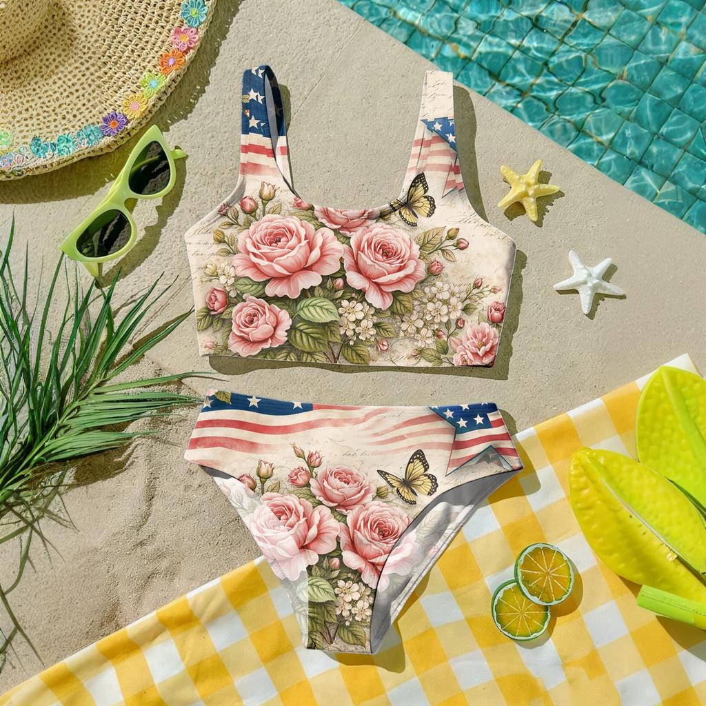 Girls Two Piece Swimsuit Set Summer Tankini Top and High Waist Bottoms Floral Print Lightweight Swimwear for Kids Beach Pool