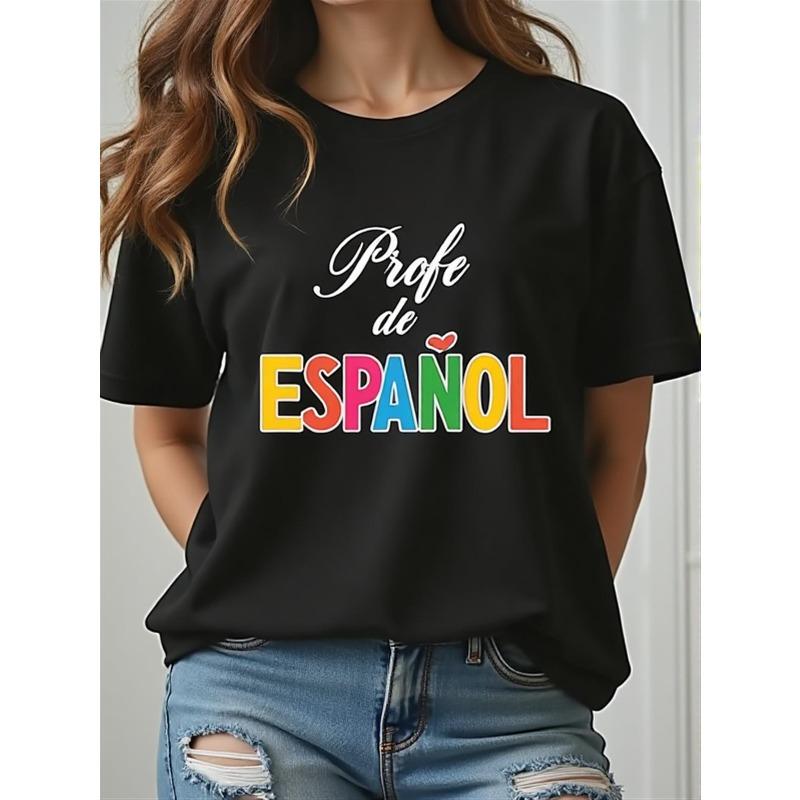 

Women Spanish Teacher Shirt , Casual Crew Neck Short Sleeve Tee Suitable for Teachers, Comfortable Spring Summer Outfits for Spanish Educators S чёрный