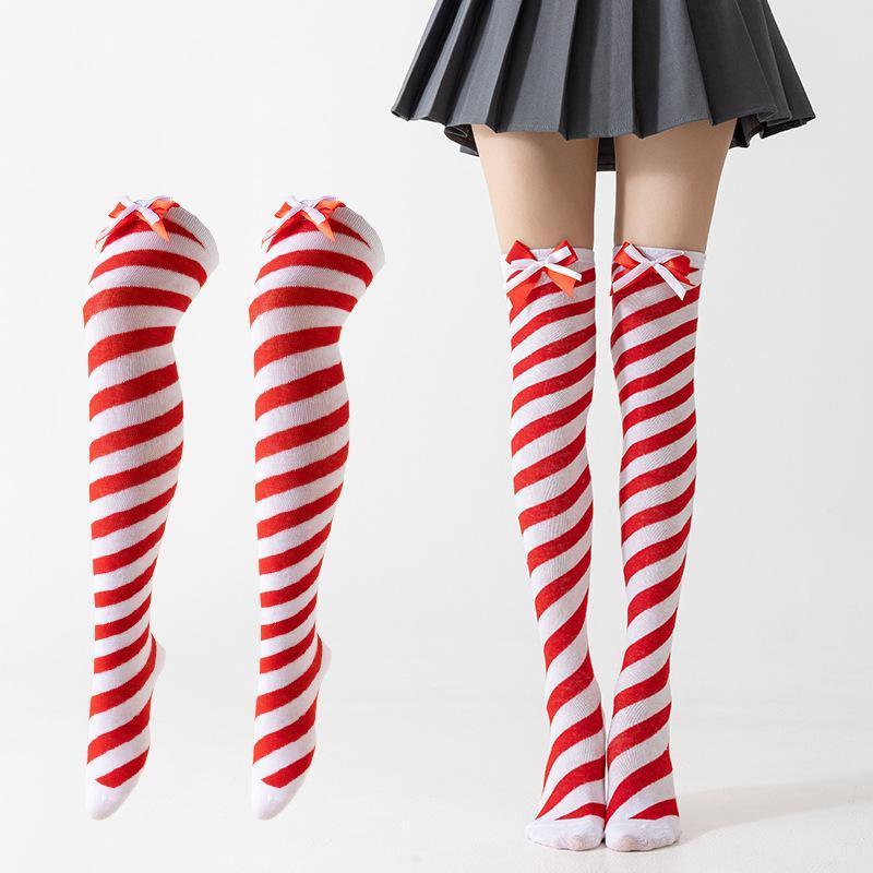 1 Pair Double Bow Decor Striped Over Knee High Socks Soft Skin-friendly for Girls Cosplay Halloween Costume Wear