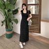French Floral Short-sleeved Dress Summer New Women's Clothing Black Slim and Thin Temperament Medium and Long Skirt