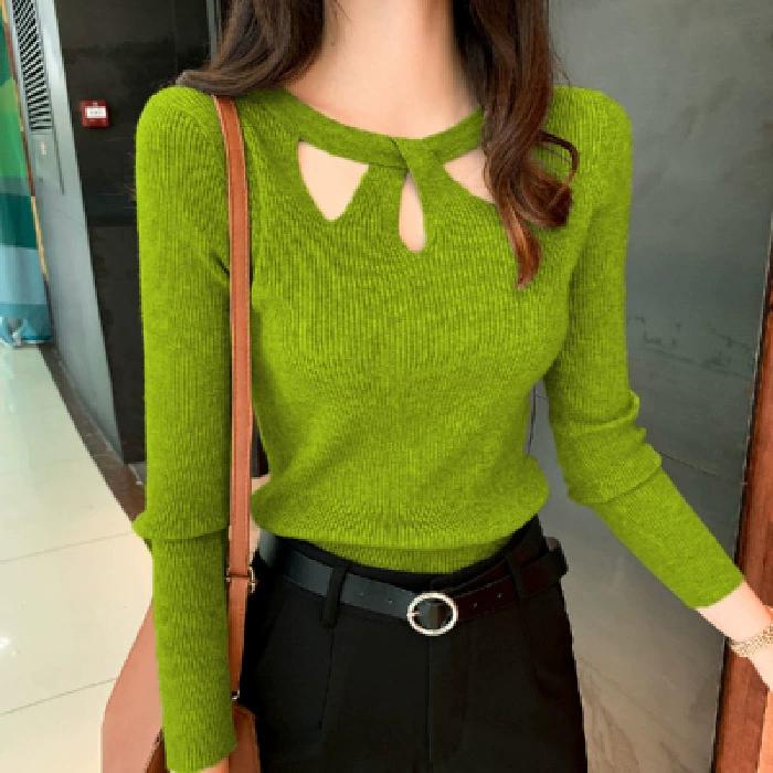 Autumn and Winter Small Sexy Front Chest Hollow Out Slim Fit Base Knitted Shirt for Women, Long Sleeved Temperament Top, Women's Fashion